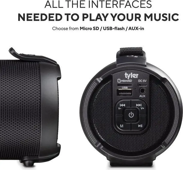Alt view image 5 of 7 - Tyler Wireless Bluetooth Speaker Water Resistant Long Range Rechargeable Boombox USB MP3 Micro SD AUX Inputs Fm Radio Sound & Bass Carry Strap Lightweight for Home Outdoor Stereo