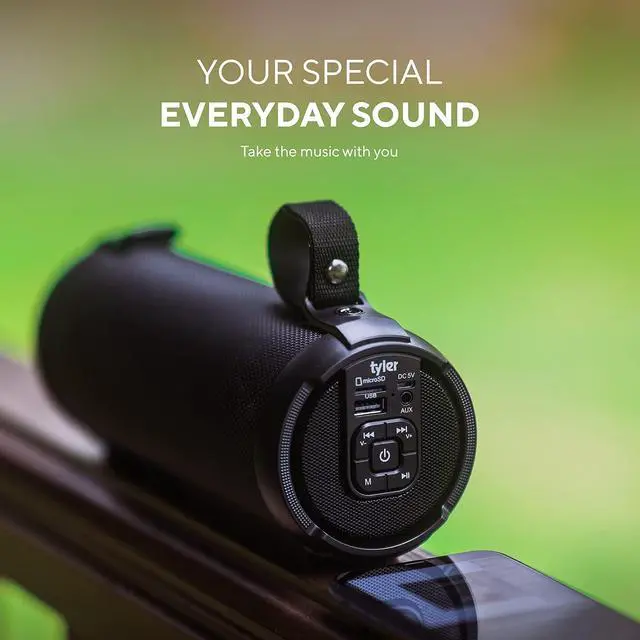 Alt view image 7 of 7 - Tyler Wireless Bluetooth Speaker Water Resistant Long Range Rechargeable Boombox USB MP3 Micro SD AUX Inputs Fm Radio Sound & Bass Carry Strap Lightweight for Home Outdoor Stereo