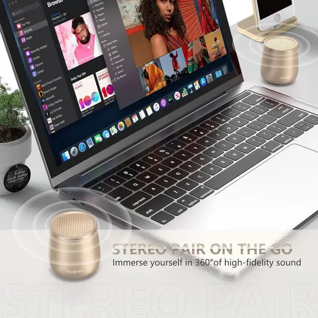 Alt view image 6 of 7 - INSMY Small Bluetooth Speaker, Waterproof Mini Portable Wireless Speaker, Punchy Bass Rich Audio Stereo Pairing, Handheld Pocket Size,Built in Mic for Hiking Biking Gift Laptop Tablet (Gold)