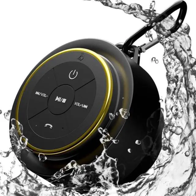 Main image of iFox Portable Bluetooth Shower Speaker, IPX7 Waterproof Outdoor Wireless Speaker, Built-in Mic, Carabiner, Beach, Camping, Hiking, Pool, Great Gift, Black/Gold