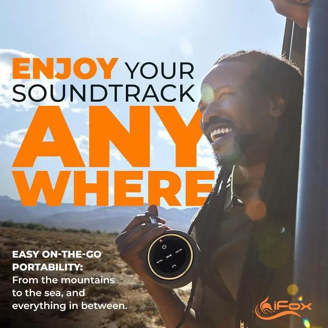 Alt view image 3 of 7 - iFox Portable Bluetooth Shower Speaker, IPX7 Waterproof Outdoor Wireless Speaker, Built-in Mic, Carabiner, Beach, Camping, Hiking, Pool, Great Gift, Black/Gold