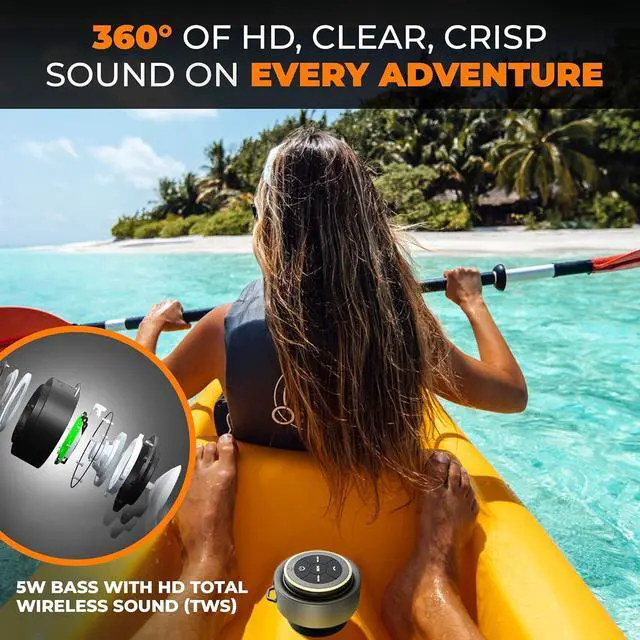 Alt view image 4 of 7 - iFox Portable Bluetooth Shower Speaker, IPX7 Waterproof Outdoor Wireless Speaker, Built-in Mic, Carabiner, Beach, Camping, Hiking, Pool, Great Gift, Black/Gold