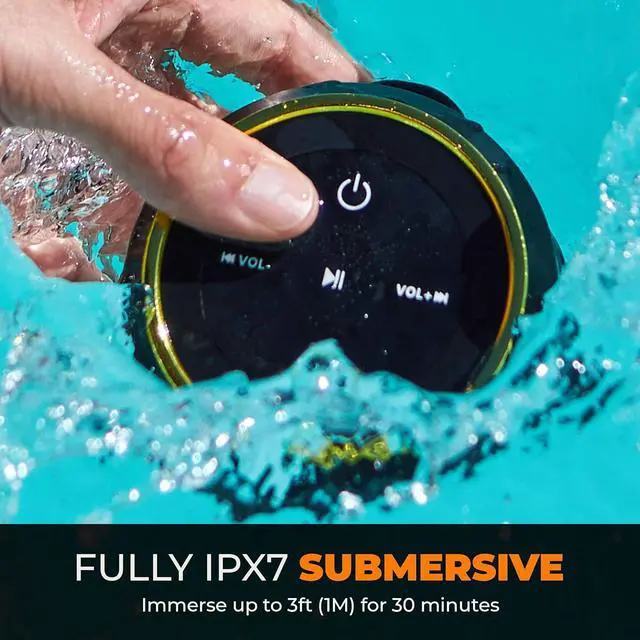 Alt view image 5 of 7 - iFox Portable Bluetooth Shower Speaker, IPX7 Waterproof Outdoor Wireless Speaker, Built-in Mic, Carabiner, Beach, Camping, Hiking, Pool, Great Gift, Black/Gold