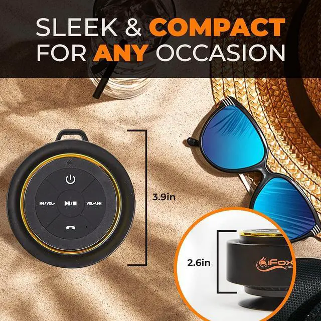Alt view image 7 of 7 - iFox Portable Bluetooth Shower Speaker, IPX7 Waterproof Outdoor Wireless Speaker, Built-in Mic, Carabiner, Beach, Camping, Hiking, Pool, Great Gift, Black/Gold