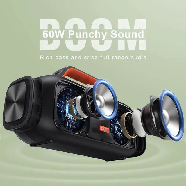 Alt view image 2 of 7 - DOSS Extreme Boom Bluetooth Outdoor Speaker with 60W Mighty Sound, Deep Bass, 30H Playtime, USB-C, Bluetooth 5.3, IPX6 Waterproof with Portable Strap for Camping, Beach, Garage-Orange