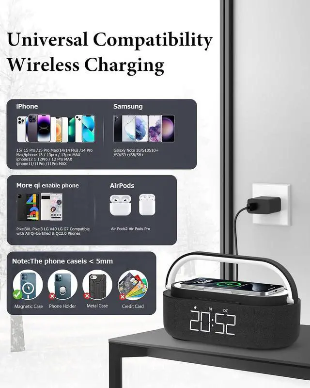 Alt view image 7 of 7 - 2024 NewestAlarm Clock Radio with Bluetooth Speaker, Stereo Sound Dual Wireless Speakers with Wireless Charger, 2500mAh Battery Dimmable Clock Radio for Home Decoration, Bedroom, Office, Gift