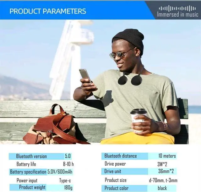 Alt view image 6 of 6 - Neckband Bluetooth Speaker - EBS-906, Bluetooth 5.0, Built-in mic, 10H Playtime, Portable Wireless Wearable Speaker (Black)