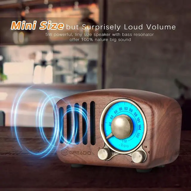Alt view image 5 of 7 - Vintage Greadio Walnut Wood Bluetooth Speaker Radio - Retro Style, Bass Enhancement, Loud Volume, Bluetooth 5.0, MP3 & FM Radio