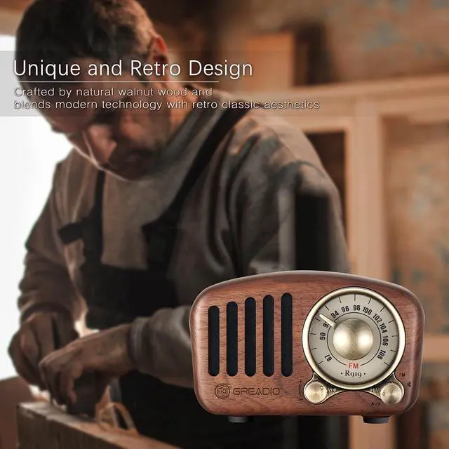 Alt view image 6 of 7 - Vintage Greadio Walnut Wood Bluetooth Speaker Radio - Retro Style, Bass Enhancement, Loud Volume, Bluetooth 5.0, MP3 & FM Radio