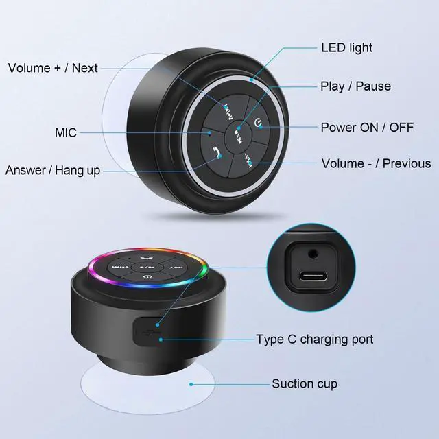 Alt view image 6 of 7 - Bluetooth Shower Speaker, Portable Bluetooth Wireless Waterproof Speaker for Pool, Floating IP67 LED Light Bathroom Speaker with Suction Cup, Built in Mic, for Camping Beach Travel