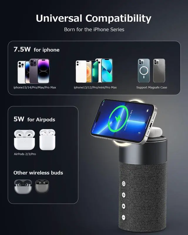 Alt view image 5 of 6 - Bluetooth Speaker, Magnetic Wireless Charger, Bluetooth Speakers with Night Light, 2 in 1 Wireless Charging Station for iPhone 16/15/14/13/12 Series, AirPods Pro/3/2Gift Ideal
