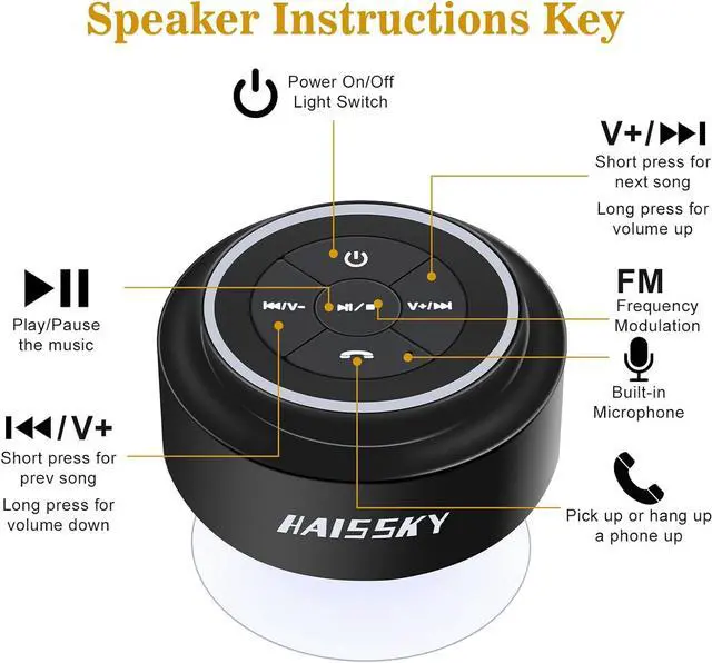 Alt view image 4 of 7 - HAISSKY Bluetooth Shower Speakers, Portable Wireless Speaker with Suction Cup, IP67 Waterproof Outdoor Wireless Speaker, Pairs Easily to Phones, Tablets, Computer, Gift for Men & Women