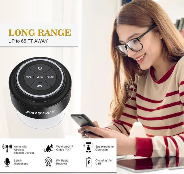 Alt view image 5 of 7 - HAISSKY Bluetooth Shower Speakers, Portable Wireless Speaker with Suction Cup, IP67 Waterproof Outdoor Wireless Speaker, Pairs Easily to Phones, Tablets, Computer, Gift for Men & Women
