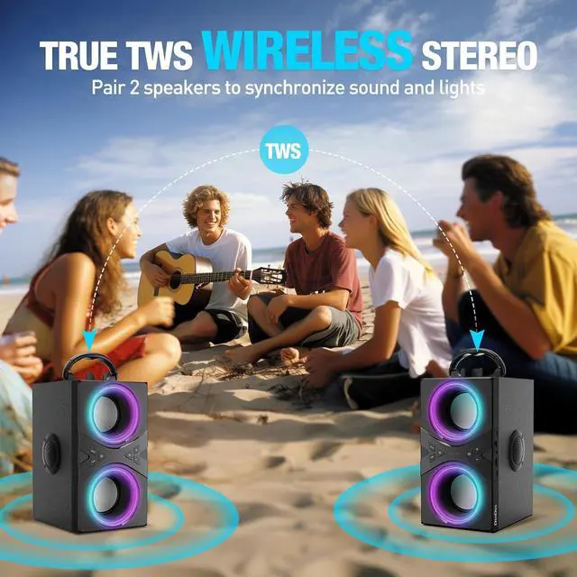 Alt view image 4 of 7 - DINDIN Bluetooth Speakers, 40W(Peak) Wireless Party Speaker with TWS, Beat-Driven Lights, 80dB Loud Stereo Sound & Rich Bass, Portable Speakers with Subwoofer for Party, Outdoor, Camping, Travel