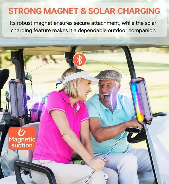 Alt view image 2 of 7 - Magnetic Bluetooth Speaker, Golf Speaker with Solar Charging 30H Playtime, 7 Colorful Flashing Lights Outdoor Waterproof Portable Wireless, for Golf Cart Gifts Hiking Camping