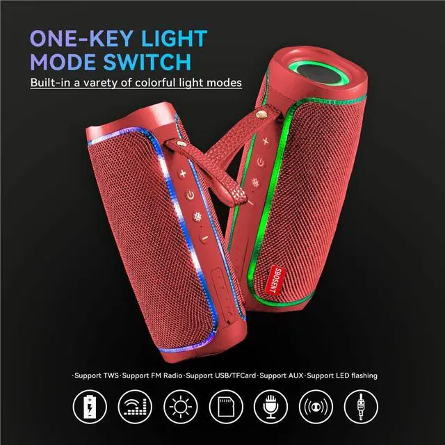Alt view image 2 of 7 - Bluetooth Portable Speaker,Wireless Bluetooth Speakers V5.1USB Card,Micro SD Card,Bluetooth Speaker with Lights,Wireless Speakers with Bluetooth for Outdoor,Indoor,Travel,Beach,Camping (Red)
