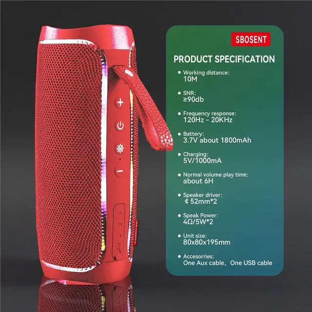 Alt view image 3 of 7 - Bluetooth Portable Speaker,Wireless Bluetooth Speakers V5.1USB Card,Micro SD Card,Bluetooth Speaker with Lights,Wireless Speakers with Bluetooth for Outdoor,Indoor,Travel,Beach,Camping (Red)