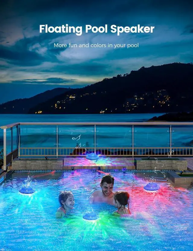 Alt view image 3 of 7 - Floating Pool Speaker with Colorful LED Lights, IPX7 Waterproof Hot Tub Bluetooth Speakers, 10W Stereo Loud Sound, Built-in Mic,Bluetooth 5.3 Portable Wireless Speaker for Shower Bathtub Outdoor Swim