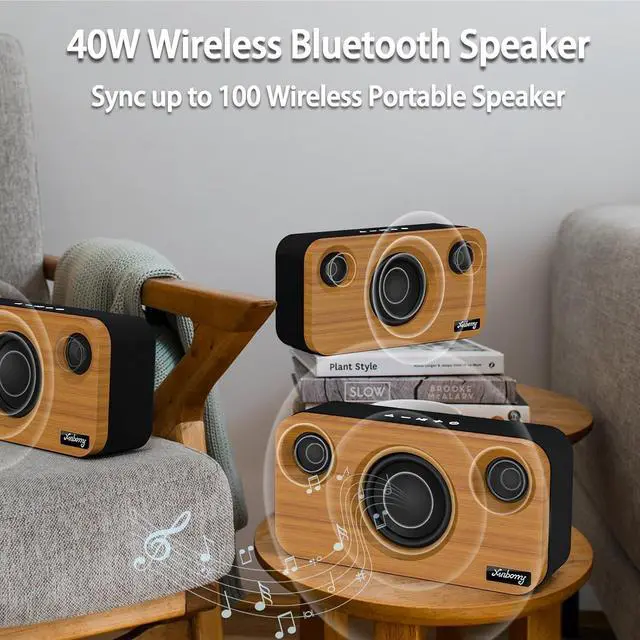 Alt view image 2 of 6 - Bluetooth Speaker with Deep Bass, 40W(Peak) Wireless Portable Speaker with TWS, AUX, TF Card, Stereo Sound Wood Home Audio Sync up to 100 Bluetooth 5.3 Speakers For Home Party, Outdoor Camping