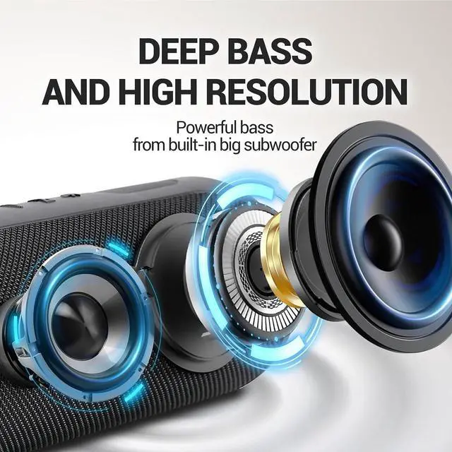 Alt view image 4 of 7 - Wireless Waterproof Bluetooth Speaker - Portable Speaker Loud with Built-in Subwoofer and Tweeter, Extra Bass, Stereo Sound, IP67, Colorful Lights for Party, Outdoor, Camping - Black