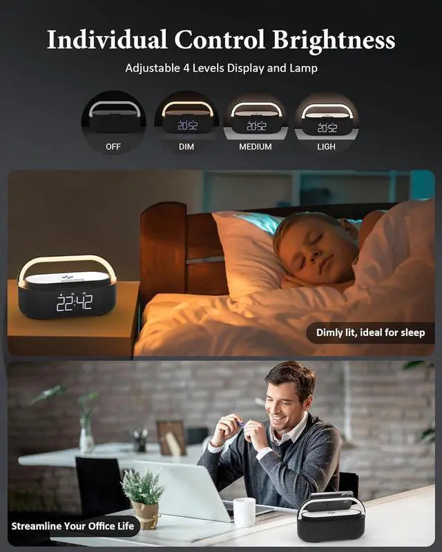 Alt view image 6 of 7 - 2024 NewestAlarm Clock Radio with Bluetooth Speaker, Stereo Sound Dual Wireless Speakers with Wireless Charger, 2500mAh Battery Dimmable Clock Radio for Home Decoration, Bedroom, Office, Gift