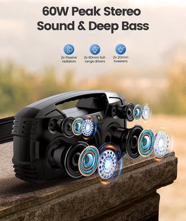 Alt view image 2 of 6 - Portable Wireless Bluetooth Speaker, 40W (60W Peak) Loud Sound IPX7 Waterproof Speakers, 32H Playtime, Outdoor Speaker, Rich Bass, BT 5.0, TWS Pairing, Built-in Mic, for Party, Pool, Beach, Gifts