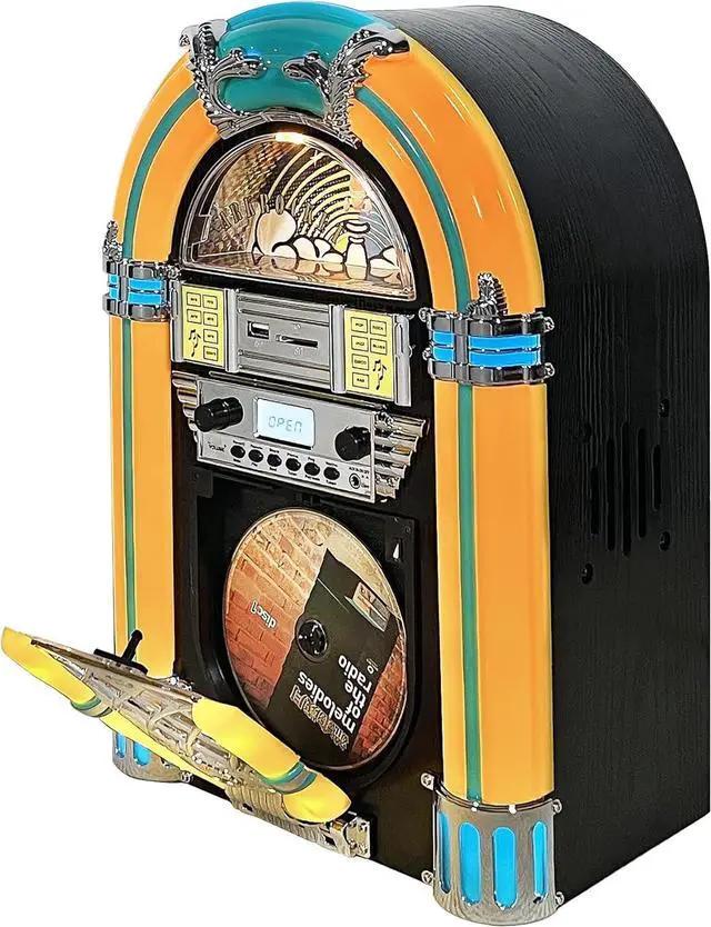 Alt view image 3 of 7 - Arkrocket Athena Mini Jukebox/Tabletop CD Player/Bluetooth Speaker/Radio/USB and SD Card Player with Retro LED Lighting System (Yellow Green)
