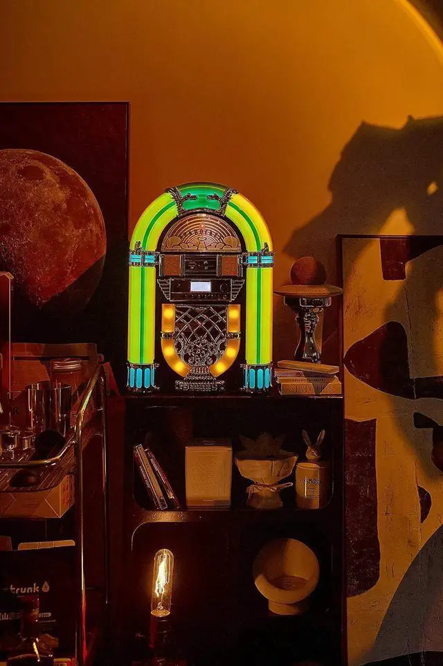 Alt view image 7 of 7 - Arkrocket Athena Mini Jukebox/Tabletop CD Player/Bluetooth Speaker/Radio/USB and SD Card Player with Retro LED Lighting System (Yellow Green)