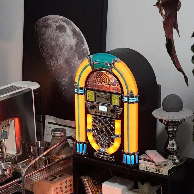 Alt view image 5 of 7 - Arkrocket Athena Mini Jukebox/Tabletop CD Player/Bluetooth Speaker/Radio/USB and SD Card Player with Retro LED Lighting System (Yellow Green)