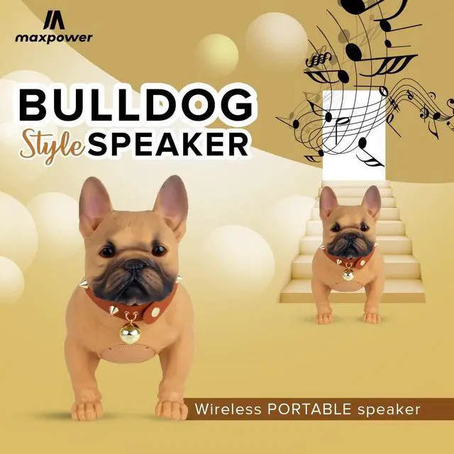 Alt view image 2 of 6 - Max Power Bulldog Style Bluetooth Speaker - MD568 - Rechargeable, FM Radio, Brown - Dog Collar Included
