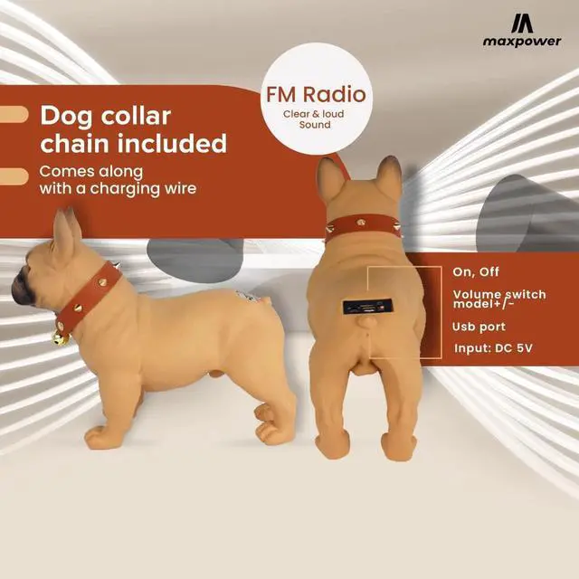 Alt view image 4 of 6 - Max Power Bulldog Style Bluetooth Speaker - MD568 - Rechargeable, FM Radio, Brown - Dog Collar Included