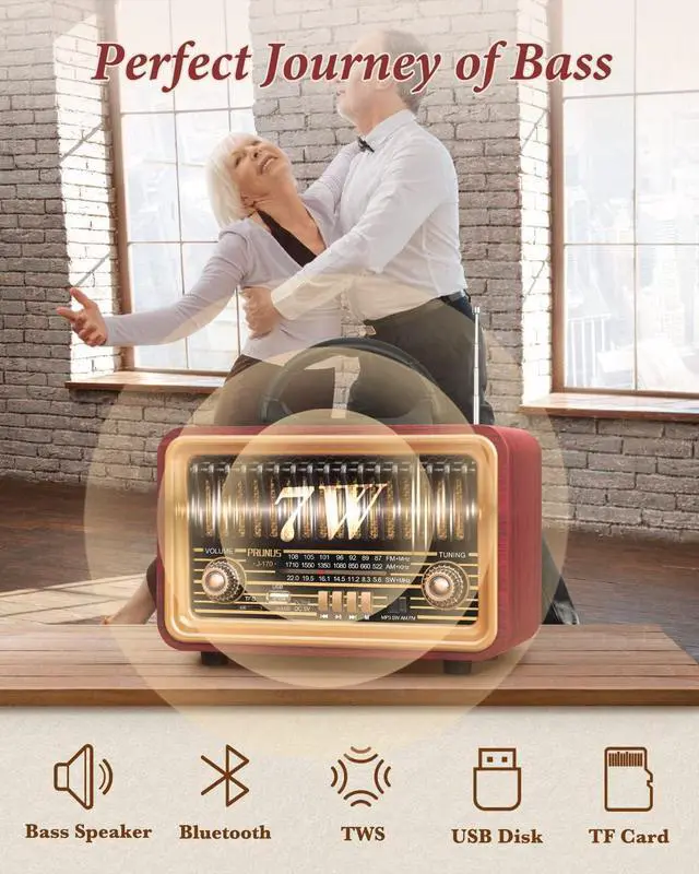 Alt view image 2 of 6 - 2024 NewestPRUNUS Retro Bluetooth,Vintage Decor,Small Wireless Speakers,Stereo Radio Portable AM FM with Rich Bass Speakers Support TWS Pairing,USB/TF Card for Kitchen Desk Office Party Outdoor Gift