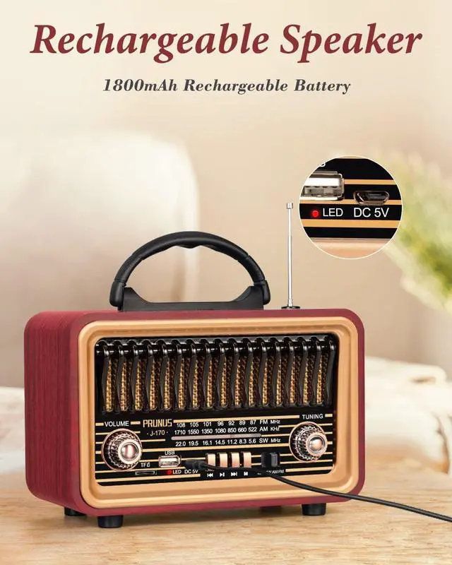 Alt view image 6 of 6 - PRUNUS Retro Vintage Radio with Bluetooth Rich Bass Stereo Sound, Radios Portable AM FM, Rechargeable Speaker with TWS Pairing, Loud Volume,BT5.0, TF Card & MP3 Player for Home/Party