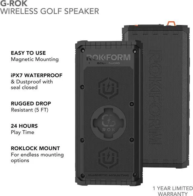 Alt view image 3 of 7 - Rokform G-ROK Wireless Golf Speaker, Portable Magnetic, IPX7 Waterproof, Shockproof & Dustproof, Loud & Clear Sound, 24 Hour Battery, Rugged Outdoor Golf Cart Speaker (Black) ASIN