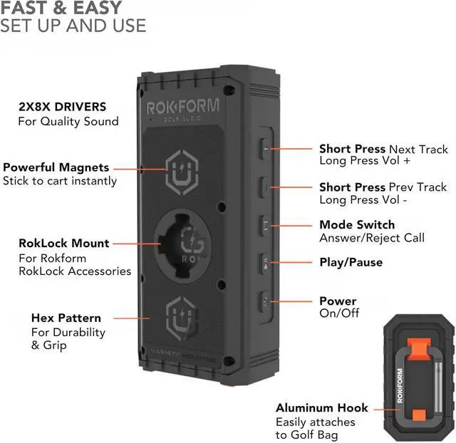 Alt view image 6 of 7 - Rokform G-ROK Wireless Golf Speaker, Portable Magnetic, IPX7 Waterproof, Shockproof & Dustproof, Loud & Clear Sound, 24 Hour Battery, Rugged Outdoor Golf Cart Speaker (Black) ASIN