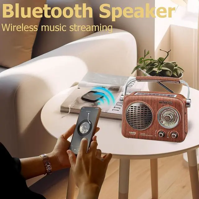 Alt view image 5 of 7 - Gelielim Radios Portable AM FM SW,Vintage Radio Bluetooth Speaker with Crystal Clear Sound, Rechargeable Battery Powered, Retro Small Radio with Solar Panel & Flashlight, Gifts for Seniors Elderly
