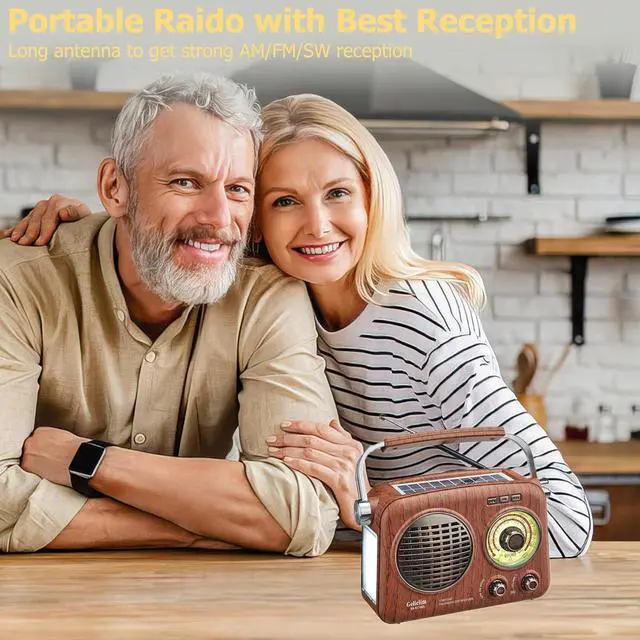 Alt view image 4 of 7 - Gelielim Radios Portable AM FM SW,Vintage Radio Bluetooth Speaker with Crystal Clear Sound, Rechargeable Battery Powered, Retro Small Radio with Solar Panel & Flashlight, Gifts for Seniors Elderly
