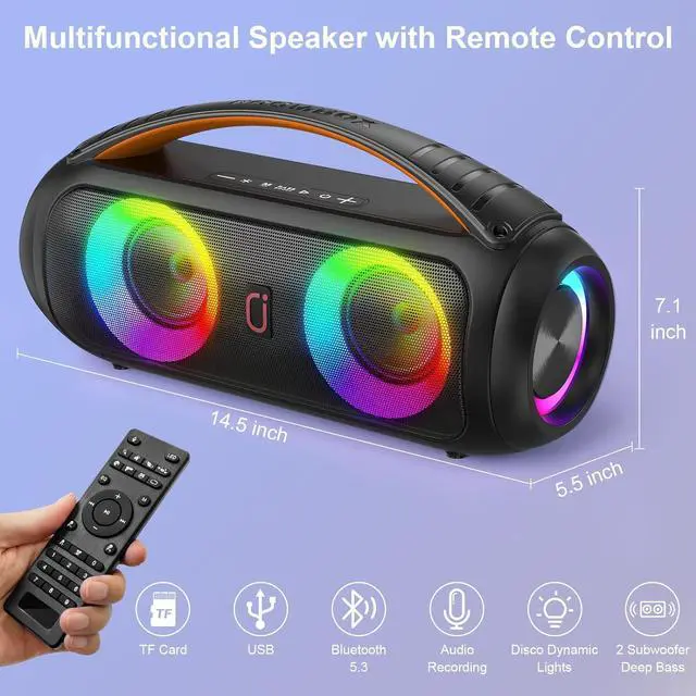 Alt view image 7 of 7 - Portable Bluetooth Speaker, Loud Boombox Speaker with Subwoofer, Powerful Deep Bass Stereo Sound, IP65 Waterproof, Wireless Outdoor Speaker for Camping, Beach, Party, Support TWS/USB/TF Card/AUX