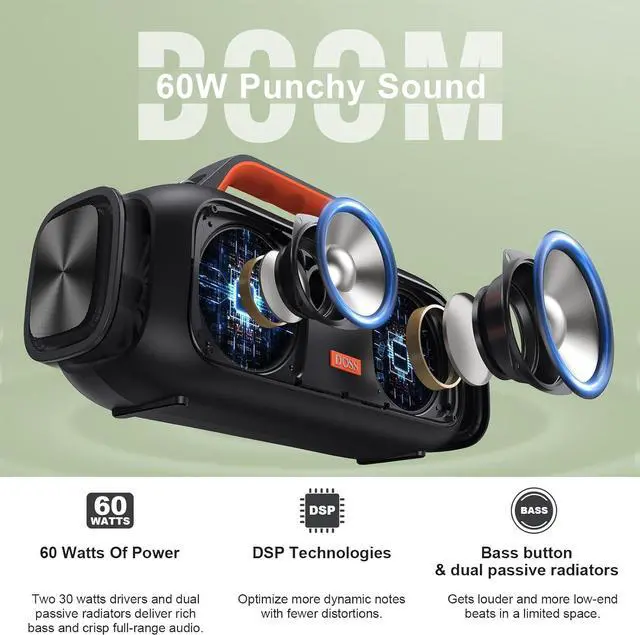 Alt view image 2 of 7 - DOSS Extreme Boom Outdoor Speaker with IPX6 Waterproof, 60W Mighty Sound, Deep Bass, 30H Playtime,10400mAh Power Bank, Portable Waterproof Bluetooth Speaker for Outdoor, Camping, Garage-Orange