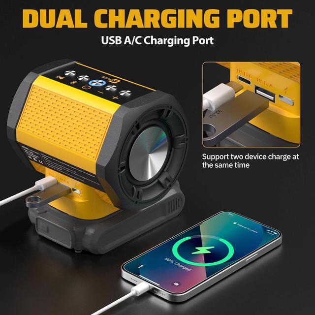 Alt view image 7 of 7 - Bluetooth Speaker Fit for DeWALT 20v Max Battery with USB-A/C Charging for Jobsite Camping & Parties(Battery not included)