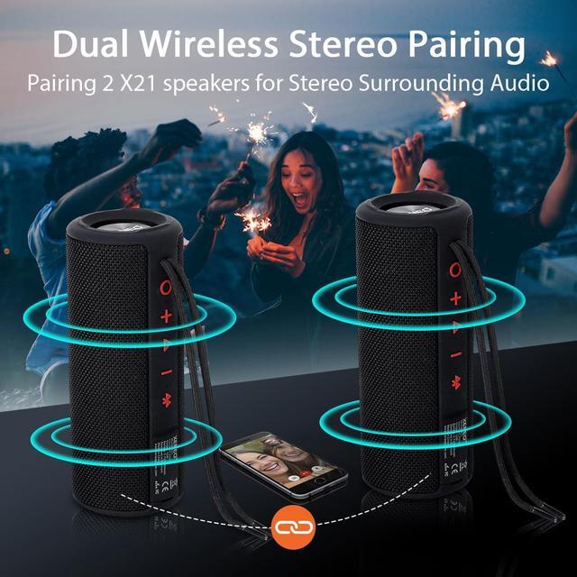 Alt view image 2 of 6 - X21 Dual Portable Bluetooth Speakers Waterproof Outdoor Wireless Stereo Pairing with FM Radio, Micro SD Card, IPX6, Aux Jack 30W for Home, Office, Party and Travel (Pack 2 Black)