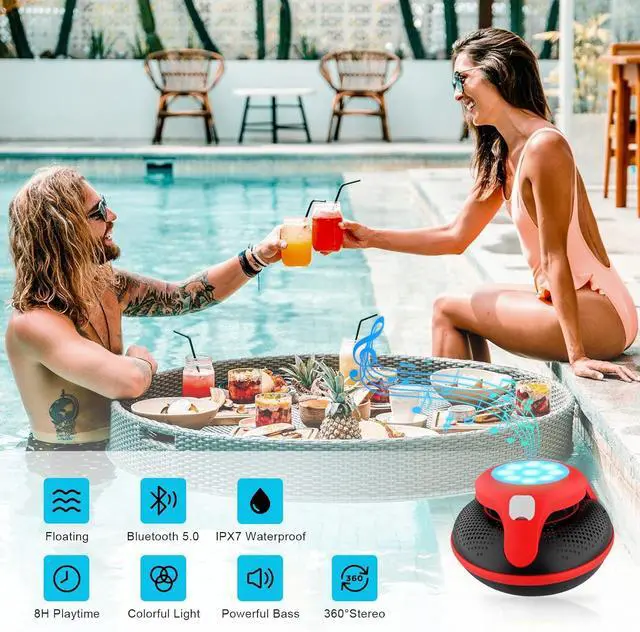 Alt view image 3 of 7 - Portable Bluetooth Speakers,Wireless Floating Speaker Stereo with Waterproof IPX7 and Colorful LED Light,10 Meters Bluetooth Range Shower Speaker for Outdoor Pool Hot Tub Gifts (Red and Black)