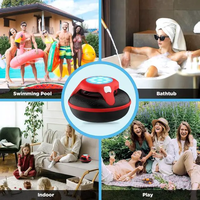 Alt view image 5 of 7 - Portable Bluetooth Speakers,Wireless Floating Speaker Stereo with Waterproof IPX7 and Colorful LED Light,10 Meters Bluetooth Range Shower Speaker for Outdoor Pool Hot Tub Gifts (Red and Black)