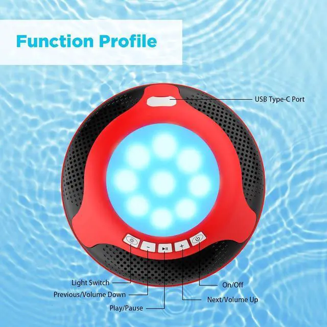 Alt view image 7 of 7 - Portable Bluetooth Speakers,Wireless Floating Speaker Stereo with Waterproof IPX7 and Colorful LED Light,10 Meters Bluetooth Range Shower Speaker for Outdoor Pool Hot Tub Gifts (Red and Black)