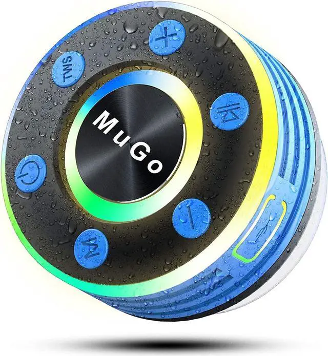 Main image of MuGo Bluetooth Shower Speaker, IPX7 Waterproof with Suction Cup, Wireless Portable Handsfree with Mic, 8H Playtime Stereo for Bathroom, FM Radio Light Show