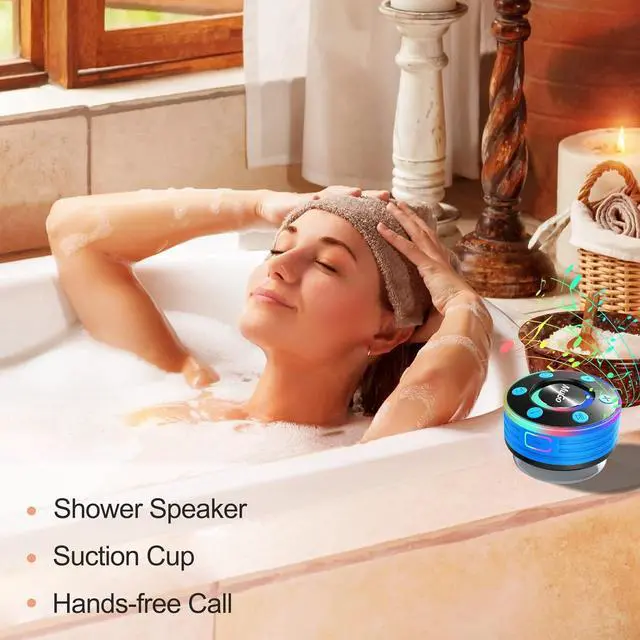 Alt view image 3 of 7 - MuGo Bluetooth Shower Speaker, IPX7 Waterproof with Suction Cup, Wireless Portable Handsfree with Mic, 8H Playtime Stereo for Bathroom, FM Radio Light Show
