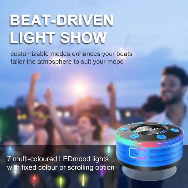 Alt view image 6 of 7 - MuGo Bluetooth Shower Speaker, IPX7 Waterproof with Suction Cup, Wireless Portable Handsfree with Mic, 8H Playtime Stereo for Bathroom, FM Radio Light Show