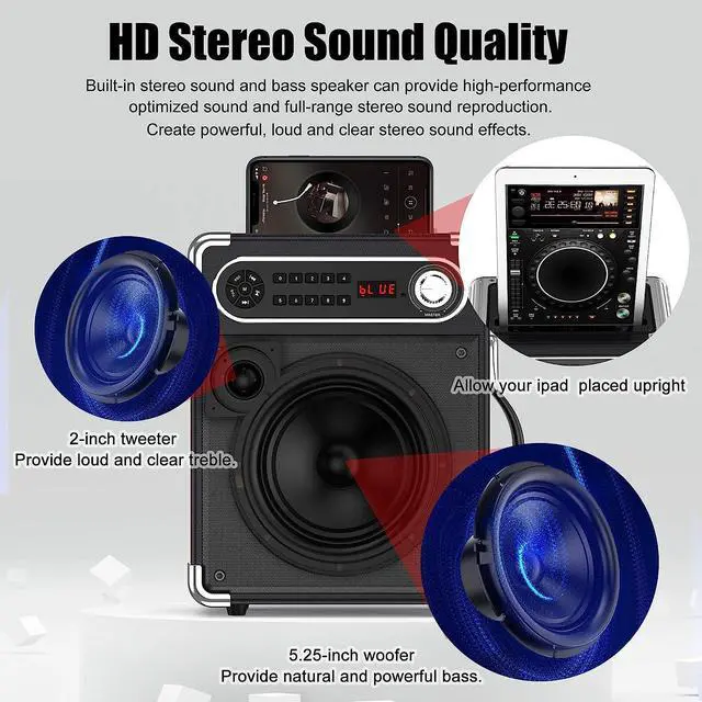 Alt view image 2 of 7 - Bluetooth Speaker with Two Wireless Microphones, Outdoor Speaker with Subwoofer/Tweeter, Portable PA Speaker System with Remote Control, Discol Lights, FM, REC for Home, Party