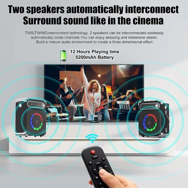 Alt view image 4 of 7 - Bluetooth Speaker with Two Wireless Microphones, Outdoor Speaker with Subwoofer/Tweeter, Portable PA Speaker System with Remote Control, Discol Lights, FM, REC for Home, Party