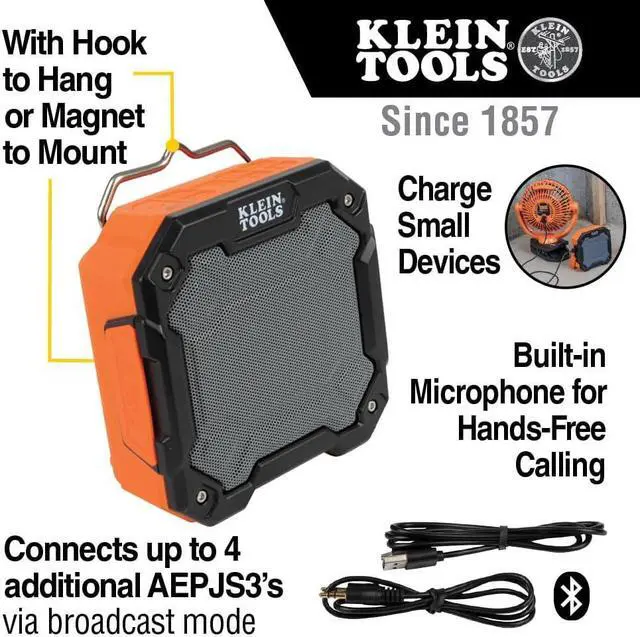 Alt view image 3 of 7 - Klein Tools AEPJS3 Bluetooth Jobsite Speaker With Magnet and Hook, 20-Hr Run Time, Charge Via USB A or C, Pair Multiple Speakers Via Broadcast, Hands Free Capable